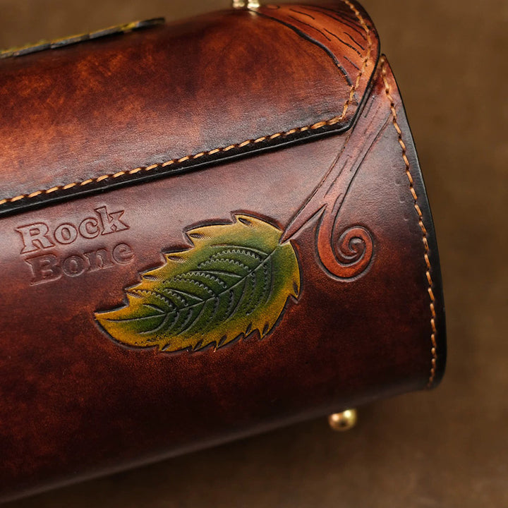 Barrel Bag Vegetable-Tanned Leather with Hand-Carved Leaf &amp; Bee Artwork