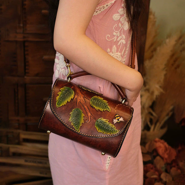Barrel Bag Vegetable-Tanned Leather with Hand-Carved Leaf &amp; Bee Artwork