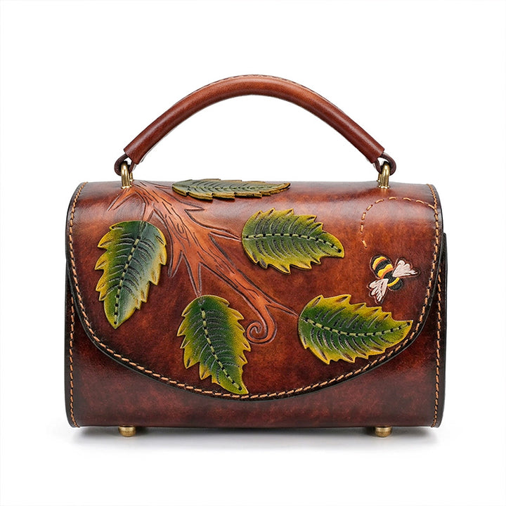 Barrel Bag Vegetable-Tanned Leather with Hand-Carved Leaf &amp; Bee Artwork