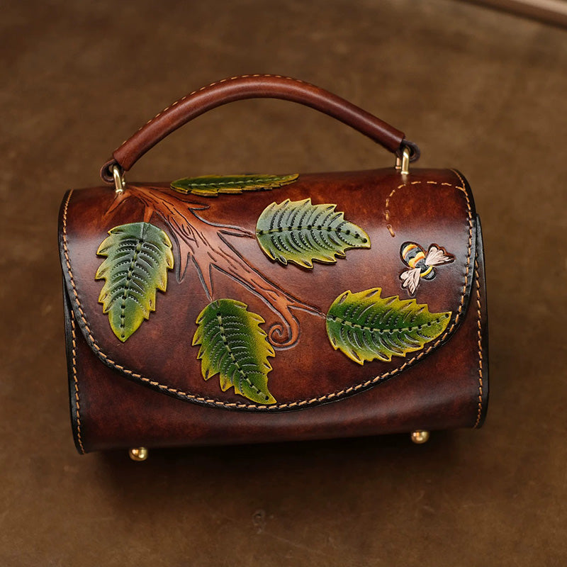 Barrel Bag Vegetable-Tanned Leather with Hand-Carved Leaf &amp; Bee Artwork