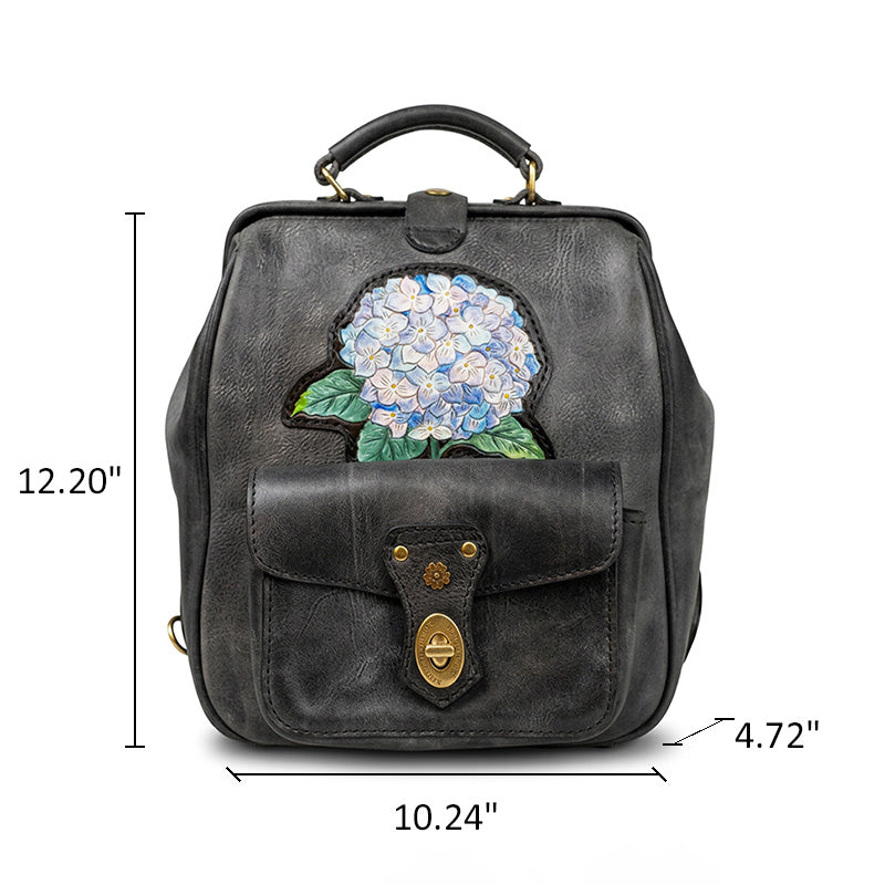 Hand-Tooled Hydrangea Leather Doctor Backpack with Vintage Frame