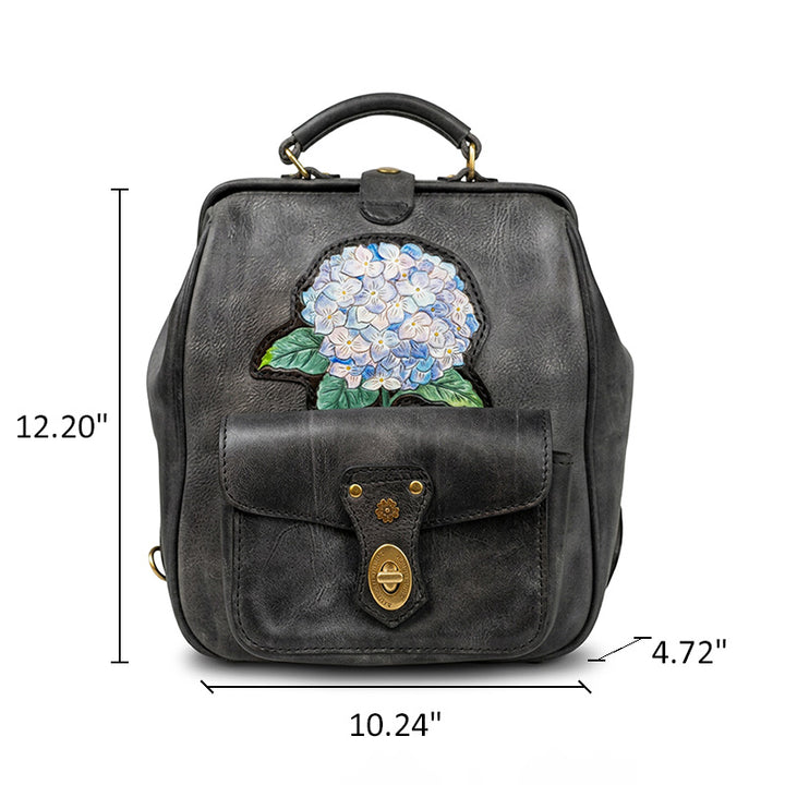 Hand-Tooled Hydrangea Leather Doctor Backpack with Vintage Frame