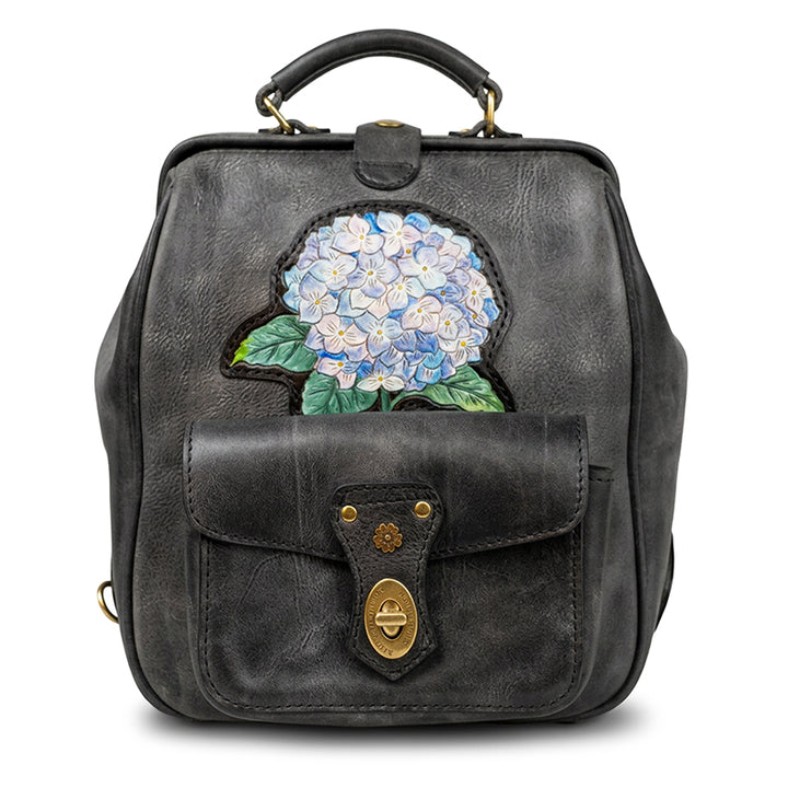 Hand-Tooled Hydrangea Leather Doctor Backpack with Vintage Frame