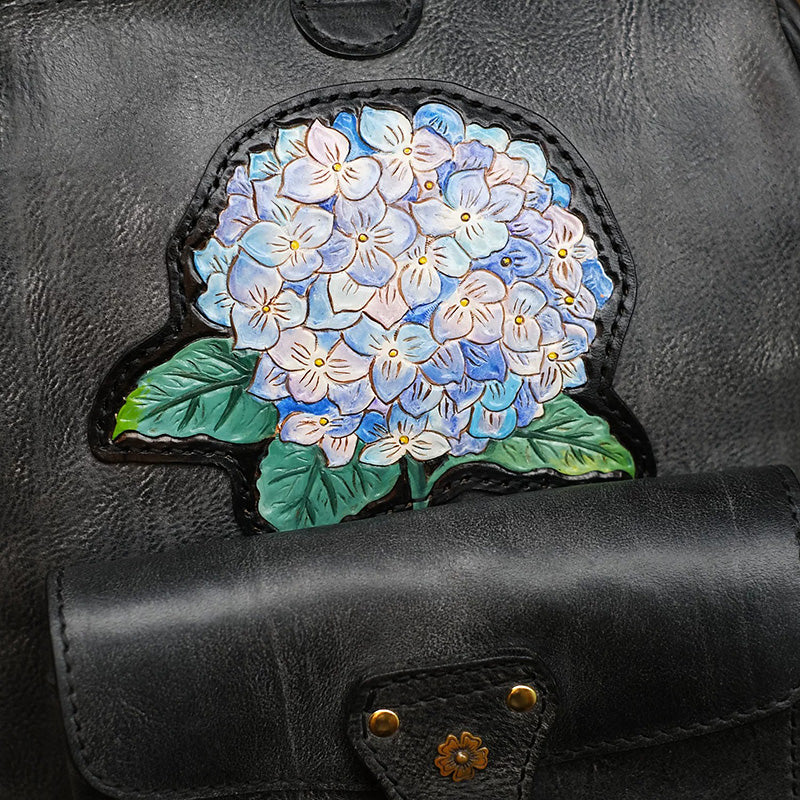 Hand-Tooled Hydrangea Leather Doctor Backpack with Vintage Frame