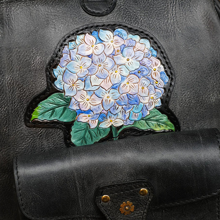 Hand-Tooled Hydrangea Leather Doctor Backpack with Vintage Frame