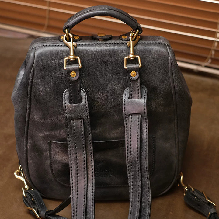 Hand-Tooled Hydrangea Leather Doctor Backpack with Vintage Frame