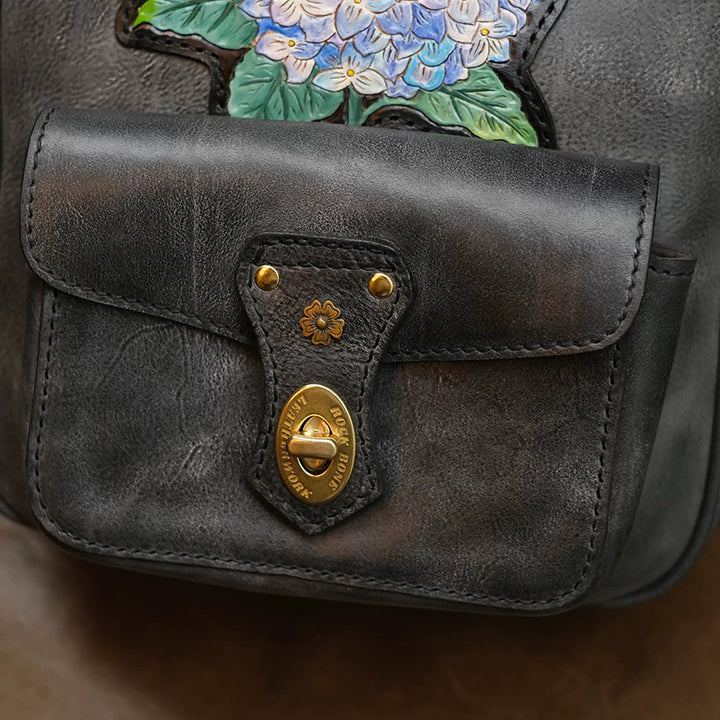 Hand-Tooled Hydrangea Leather Doctor Backpack with Vintage Frame