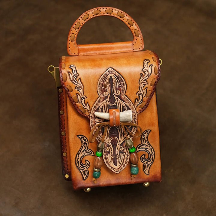 Hand-Tooled Leather Box Crossbody Bag with Horn Toggle &amp; Tassel