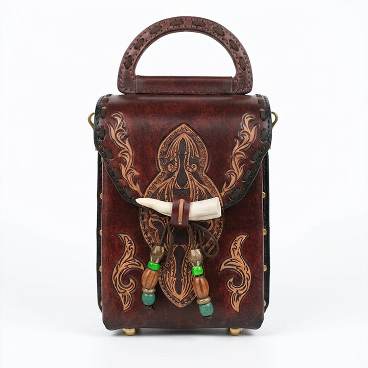Hand-Tooled Leather Box Crossbody Bag with Horn Toggle &amp; Tassel
