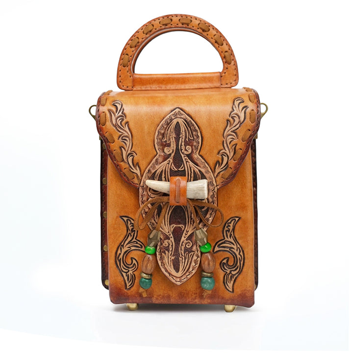 Hand-Tooled Leather Box Crossbody Bag with Horn Toggle &amp; Tassel