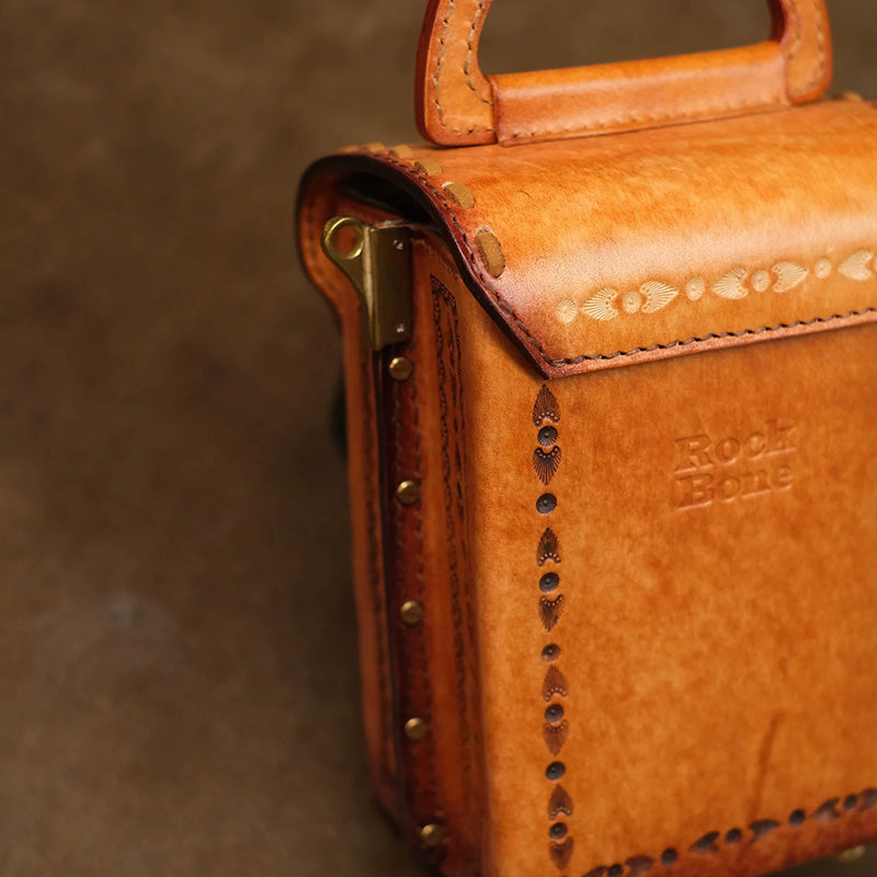 Hand-Tooled Leather Box Crossbody Bag with Horn Toggle &amp; Tassel