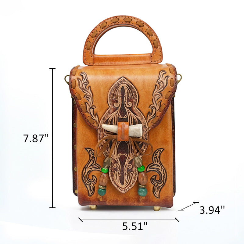 Hand-Tooled Leather Box Crossbody Bag with Horn Toggle &amp; Tassel