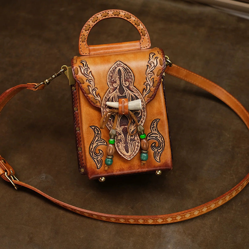 Hand-Tooled Leather Box Crossbody Bag with Horn Toggle &amp; Tassel