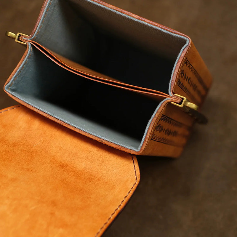 Hand-Tooled Leather Box Crossbody Bag with Horn Toggle &amp; Tassel