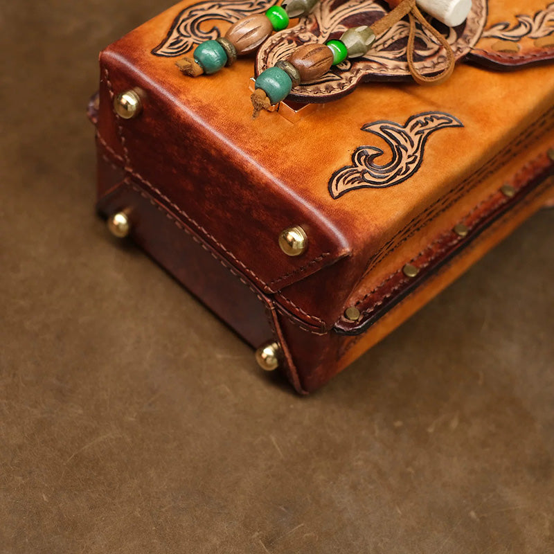 Hand-Tooled Leather Box Crossbody Bag with Horn Toggle &amp; Tassel