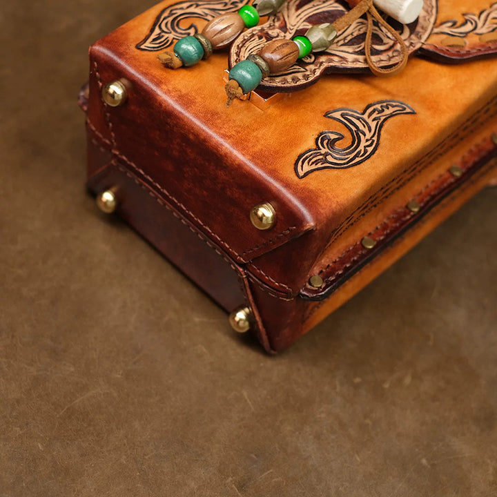 Hand-Tooled Leather Box Crossbody Bag with Horn Toggle &amp; Tassel