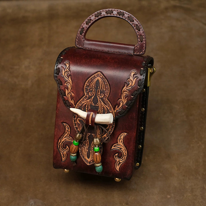 Hand-Tooled Leather Box Crossbody Bag with Horn Toggle &amp; Tassel