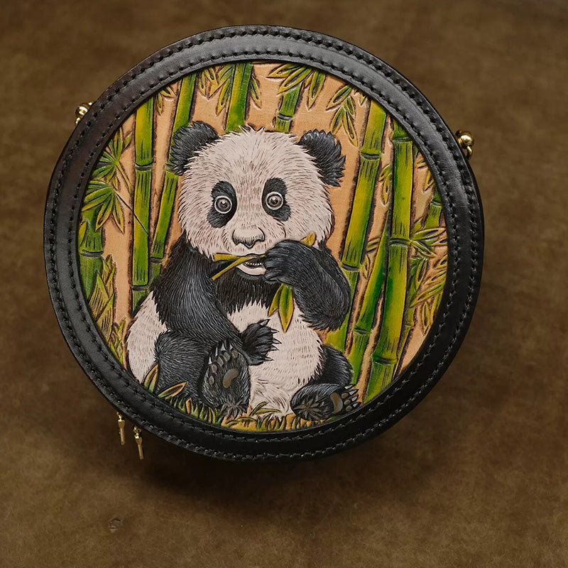 Canteen Crossbody Bag with Hand-Carved Panda &amp; Bamboo Art