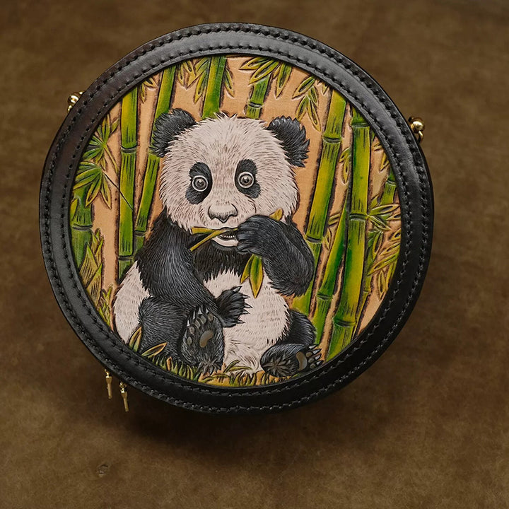 Canteen Crossbody Bag with Hand-Carved Panda &amp; Bamboo Art