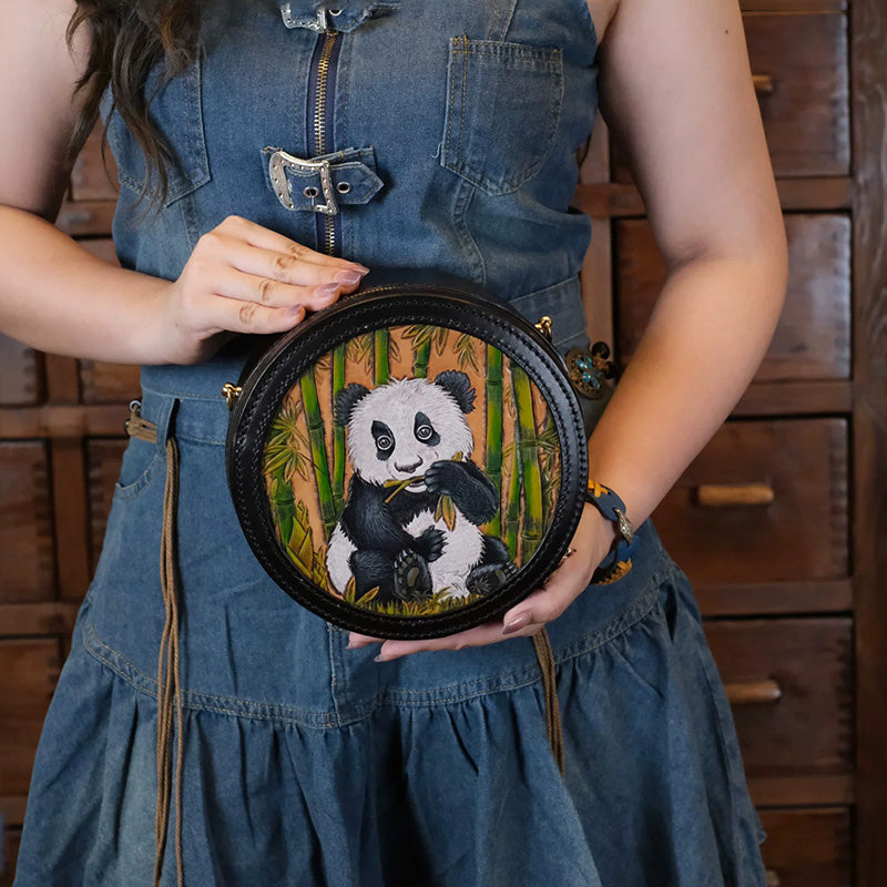 Canteen Crossbody Bag with Hand-Carved Panda &amp; Bamboo Art