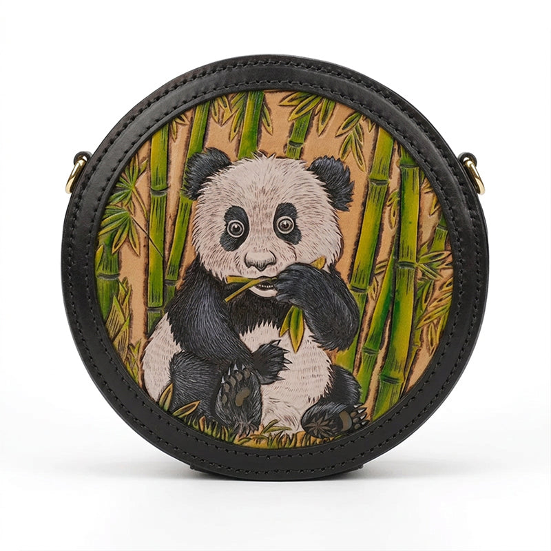 Canteen Crossbody Bag with Hand-Carved Panda &amp; Bamboo Art