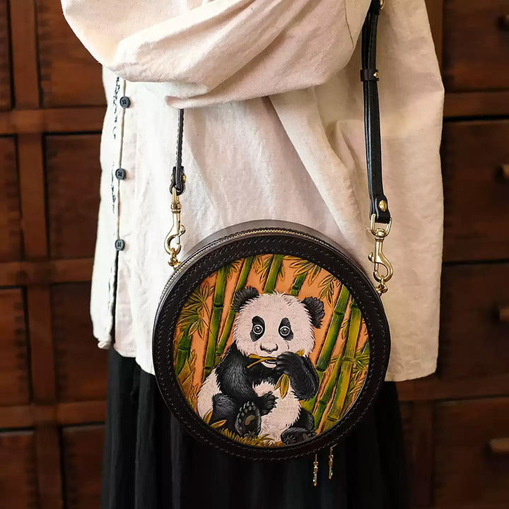 Canteen Crossbody Bag with Hand-Carved Panda &amp; Bamboo Art