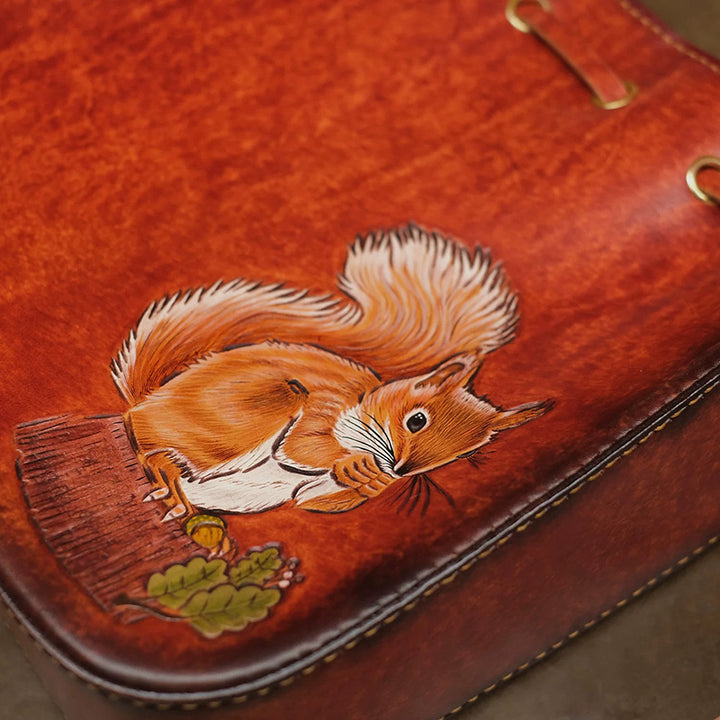 Shoulder Bag Vegetable-Tanned Leather with Hand-Carved Squirrel Motif