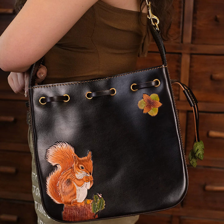 Shoulder Bag Vegetable-Tanned Leather with Hand-Carved Squirrel Motif