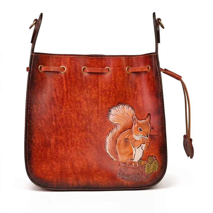 Shoulder Bag Vegetable-Tanned Leather with Hand-Carved Squirrel Motif
