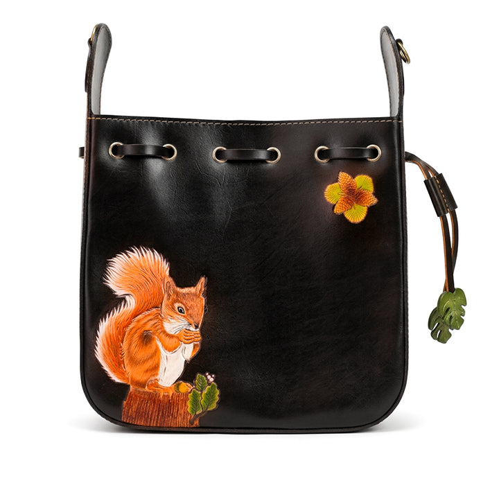 Shoulder Bag Vegetable-Tanned Leather with Hand-Carved Squirrel Motif