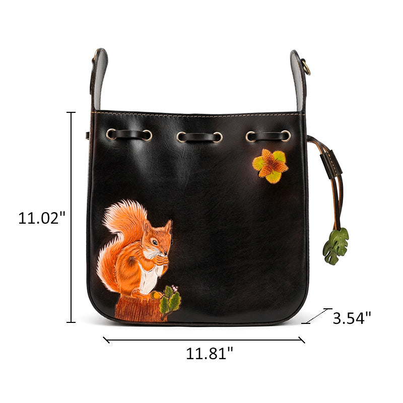 Shoulder Bag Vegetable-Tanned Leather with Hand-Carved Squirrel Motif