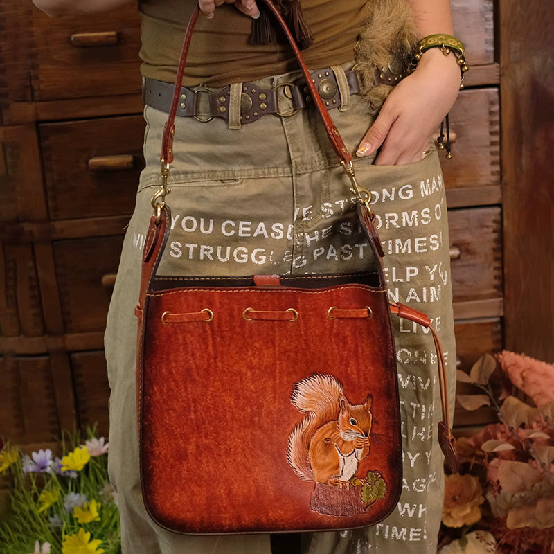 Shoulder Bag Vegetable-Tanned Leather with Hand-Carved Squirrel Motif