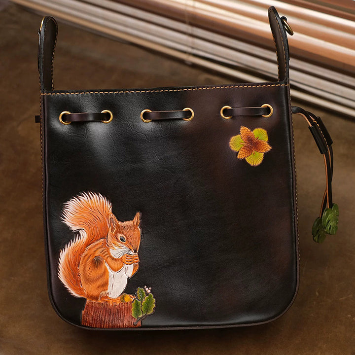 Shoulder Bag Vegetable-Tanned Leather with Hand-Carved Squirrel Motif