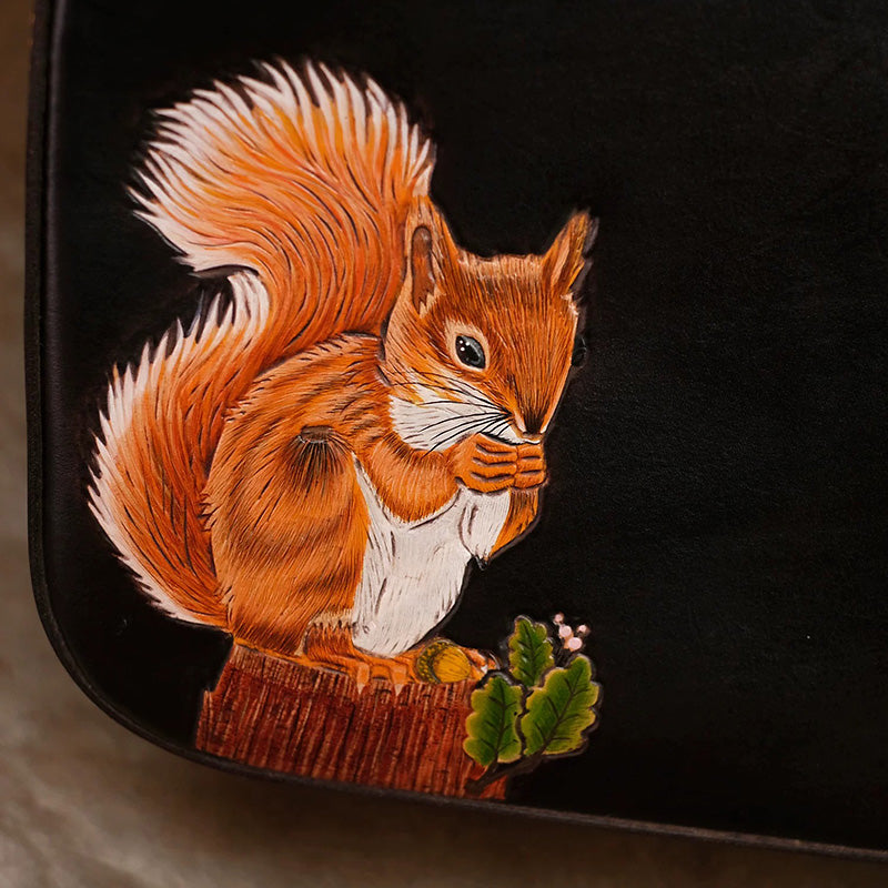 Shoulder Bag Vegetable-Tanned Leather with Hand-Carved Squirrel Motif