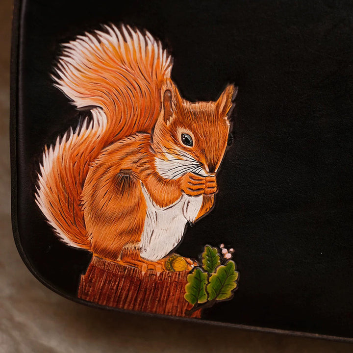 Shoulder Bag Vegetable-Tanned Leather with Hand-Carved Squirrel Motif