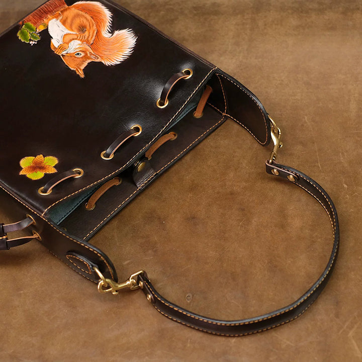Shoulder Bag Vegetable-Tanned Leather with Hand-Carved Squirrel Motif