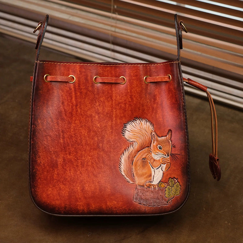 Shoulder Bag Vegetable-Tanned Leather with Hand-Carved Squirrel Motif