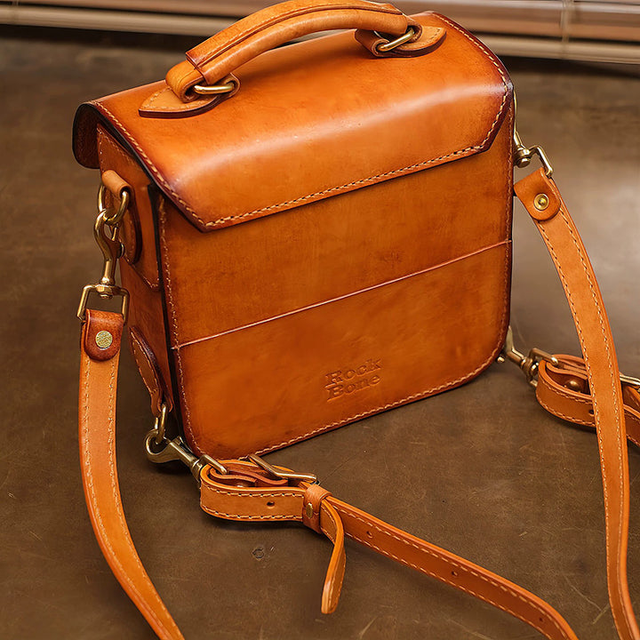 Hand-Carved Panda Leather Satchel Backpack Vintage Mini Schoolbag