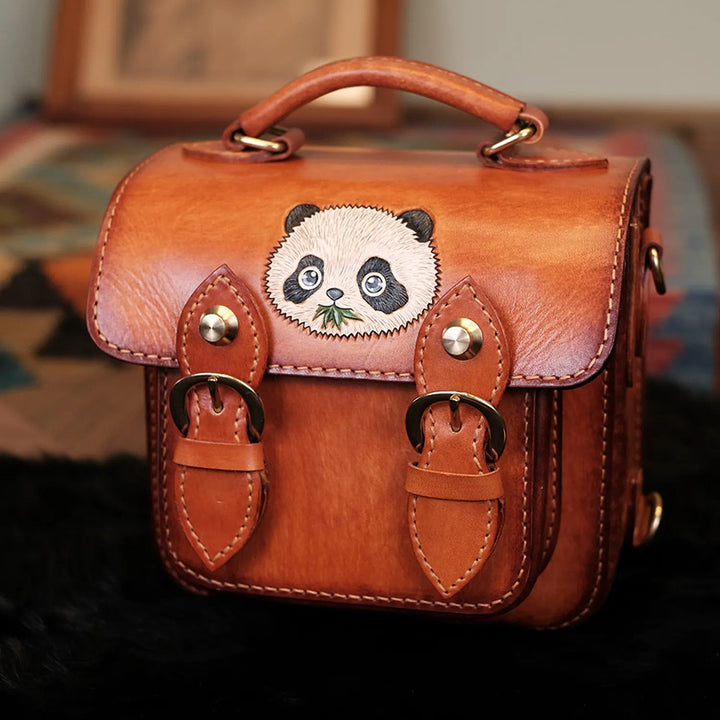 Hand-Carved Panda Leather Satchel Backpack Vintage Mini Schoolbag