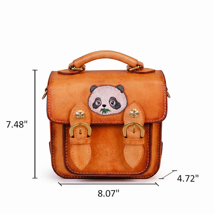 Hand-Carved Panda Leather Satchel Backpack Vintage Mini Schoolbag