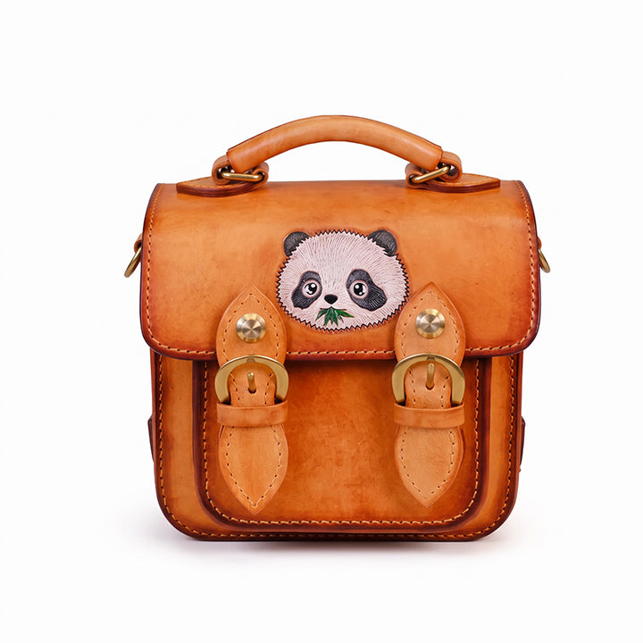 Hand-Carved Panda Leather Satchel Backpack Vintage Mini Schoolbag