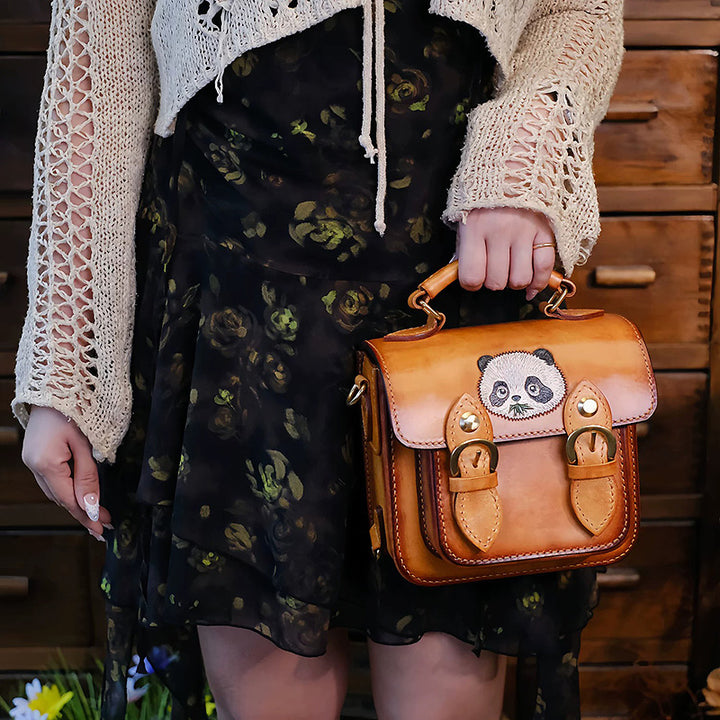 Hand-Carved Panda Leather Satchel Backpack Vintage Mini Schoolbag