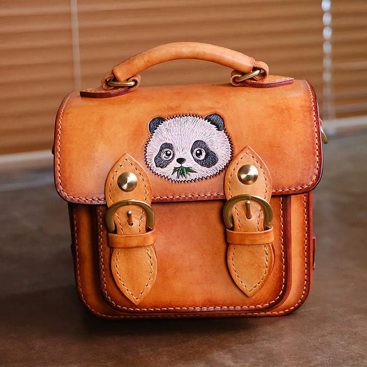 Hand-Carved Panda Leather Satchel Backpack Vintage Mini Schoolbag