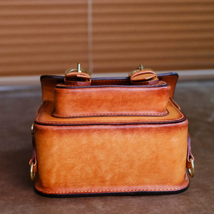 Hand-Carved Panda Leather Satchel Backpack Vintage Mini Schoolbag
