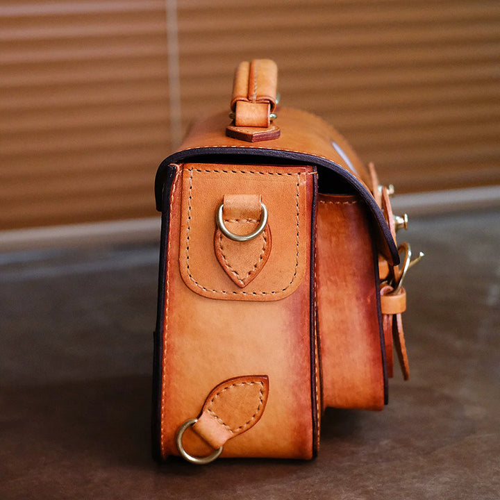 Hand-Carved Panda Leather Satchel Backpack Vintage Mini Schoolbag