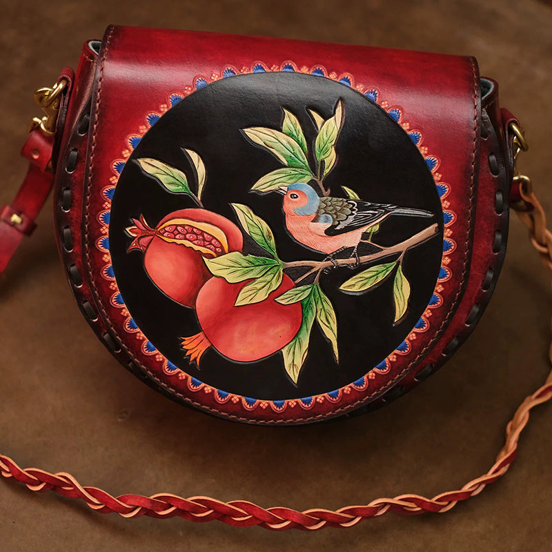 Hand-Carved Leather Saddle Bag Bird &amp; Pomegranate Vintage Crossbody