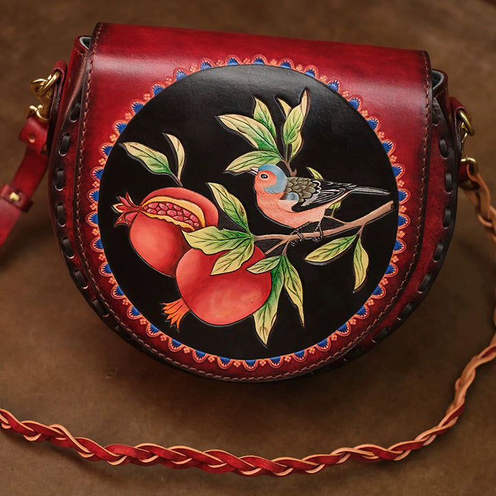Hand-Carved Leather Saddle Bag Bird &amp; Pomegranate Vintage Crossbody