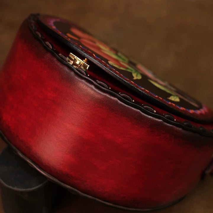 Hand-Carved Leather Saddle Bag Bird &amp; Pomegranate Vintage Crossbody