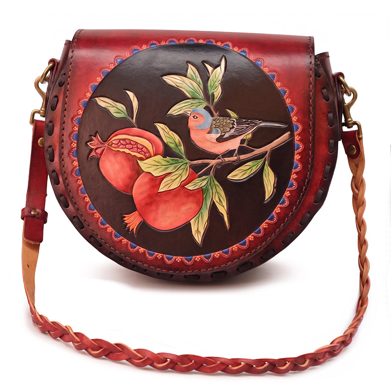 Hand-Carved Leather Saddle Bag Bird &amp; Pomegranate Vintage Crossbody