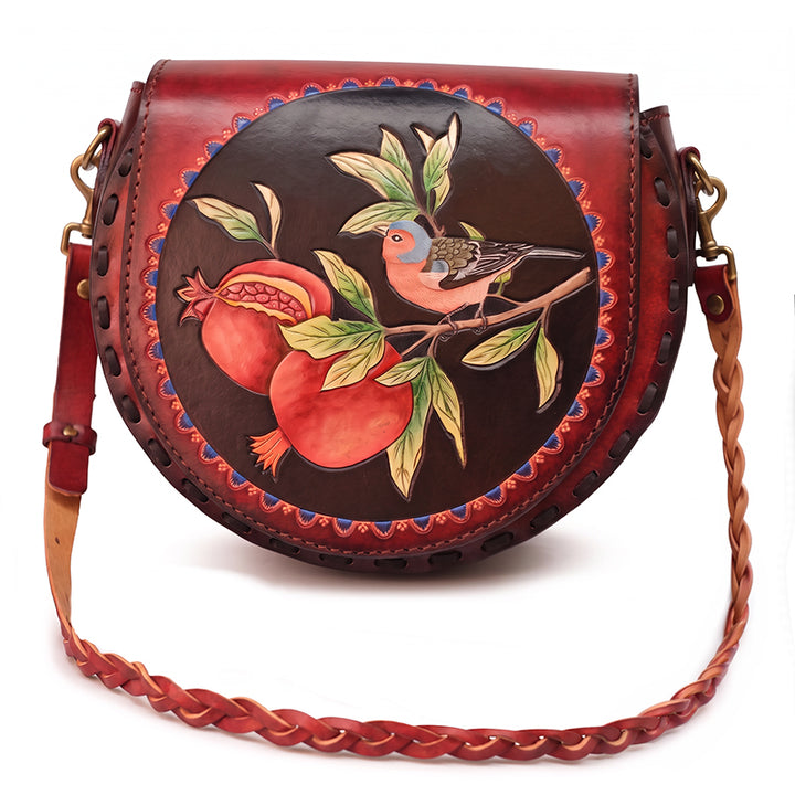 Hand-Carved Leather Saddle Bag Bird &amp; Pomegranate Vintage Crossbody